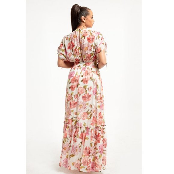 MAXI DRESS FLORAL CHIFFON RUCHED SLEEVE - Picture 3 of 4